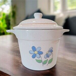 Vintage Stoneware Crock "Blue Gingham Daisy" Bean Pot Stew Soup Treasure Craft